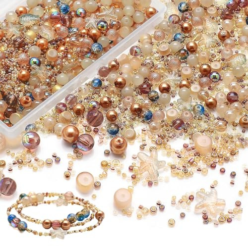 Lilbitty Bruna glaspärlor för tillverkning av armband, färgglada kristallpärlor, ett mångsidigt set med 8 mm pärlor, inklusive oceanelement som sjöstjärnpärlor och rocailler