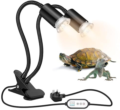 Tortoise Heat Lamp, Double Head UVA UVB Reptile Light with Clamp Stand Dimmable Reptile Heat Lamp with Timer Switch 360° Rotation for Aquarium Tanks