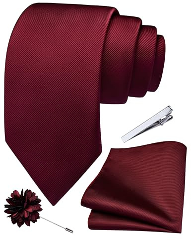 Branduce Burgundy Tie Set for Men Wedding Solid Jacquard Woven Wine Red Necktie Pocket Square Tie Clip and Lapel Pin Brooch Set (TA15-06)