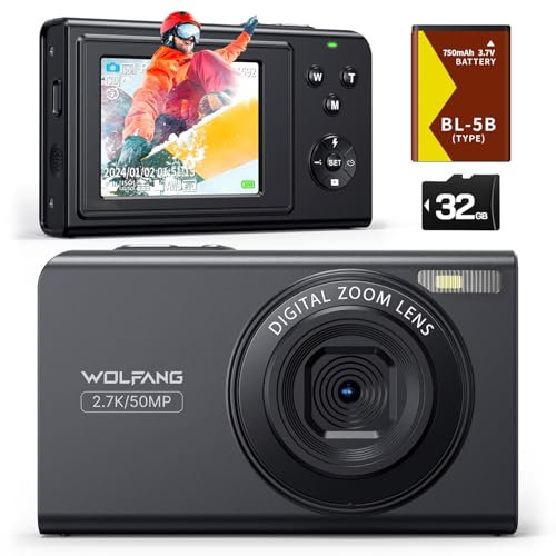 WOLFANG Digitalkamera, 2.7K Kinderkamera für Fotografie, 50MP Kompaktkamera für Vlogging, 16X Digitalzoom Fotoapparat Klein Einfache Bedienung, Autofokus, Geschenk für Kinder, Kids, Anfänger