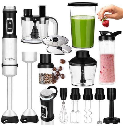 ZEEGMA Handy, frullatore a immersione 14 in 1 per zuppe, frullato, potenza 1500 W, accessori per purè, frullatore, frusta, gancio per impastare, accessorio per purea, macinacaffè 0,8 l, robot da