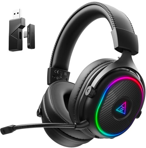 EKSA Cascos Gaming Inalámbricos para PC/Ps5/Ps4, Auriculares Gaming Inalámbricos con 2,4 GHz+BT 5,3 Modo Dual, Sonido Estéreo Cascos con Microfono, Cascos con Luz RGB, Duración 80Hr+