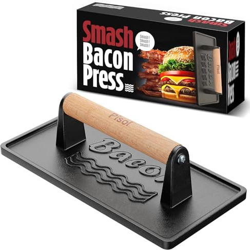 Pisol Bacon Press Smash Burger Press, Pre-Seasoned Cast Iron Hamburger, 2 lb Heavy-Duty Grill Bacon Meat Press Tool with Wood Handle