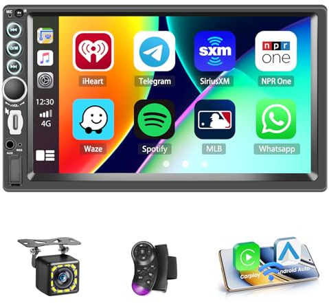Hikity Autoradio 2 Din con Touch Screen IPS da 7 Pollici, Radio 2 Din con Wireless Carplay Android Auto Riproduzione Video Online Uscita Video Radio FM Bluetooth SWC CAM + MIC