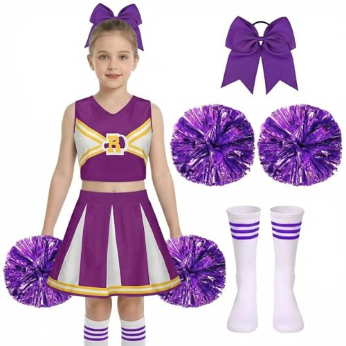 Costume Cheerleader Carnaval Fille Deguisement Pompom Girl Costume Cheerleader Fille avec Barrette Nœud Bâton Majorette Pompons Chaussettes Cheerleader Uniforme Halloween Carnaval Fêtes,Purple 140