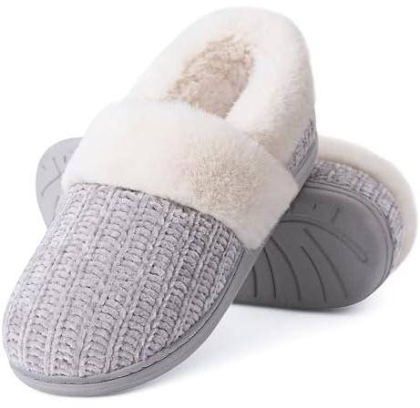 Evshine Fuzzy Memory Foam Slippers for Women Closed Back Knit House Shoes | Soft Faux Lamb Wool Lining,Non-Slip Rubber Sole,Indoor Outdoor Comfort