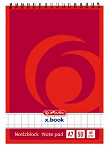 Herlitz Spiral-Notizblock x.book A7, kariert, 50 Blatt, ohne Rand, 4 Stück