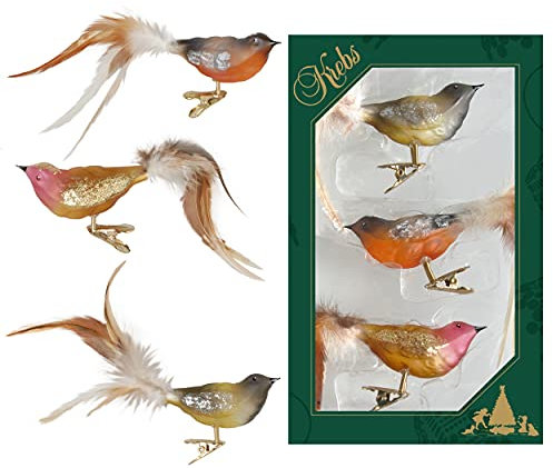 Krebs Glas Lauscha - Weihnachtsdekoration/Christbaumschmuck aus Glas - Vögel auf Clip - Farbe: natürlich transparent - 3 Stück - Größe: ca. 11 cm