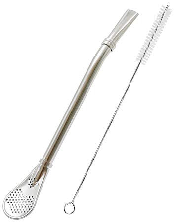 Yerba Mate Bombilla Cuillère à paille en acier inoxydable avec filtre à long manche pour boire du thé en vrac, de la soupe, des boissons, du café avec brosse de nettoyage (argent)