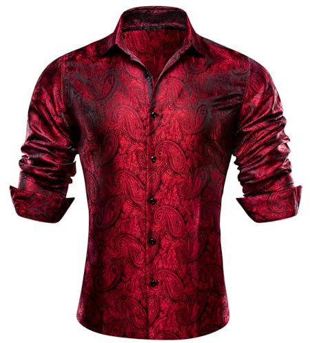 Barry.Wang Camisa de vestir para hombre, de seda, de lujo, con estampado floral, manga larga, para bodas, fiestas, informales, negocios, formales, rojo vino, L