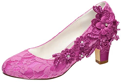 Emily Bridal Zapatos Nupciales De Mujer satén Sedoso Tacón Ancho Salón con Encaje Flor Crystal Perla (EU39, Fucsia)