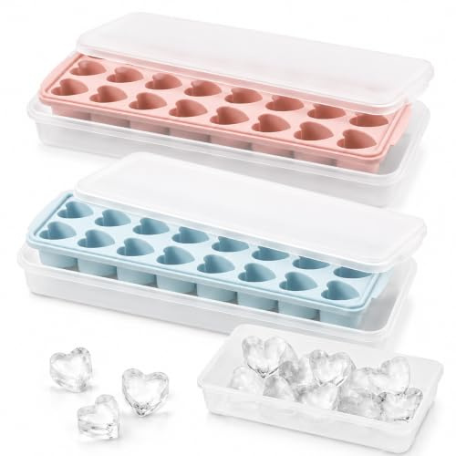 Paquete de 2 bandejas de cubitos de hielo con forma de corazón con tapas y contenedores, moldes de hielo de corazón con caja de almacenamiento de hielo, bandeja de cubitos de hielo de silicona de 48