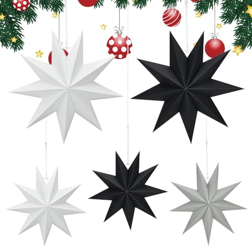 mizikuu 5 Pezzi Stelle di Natale, 9 Punti Stella di Carta per Decorazioni Natalizi Stelle Di Carta Da Appendere Per Decorare Stanze, Finestre, Soggiorni