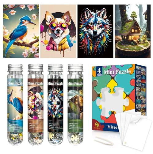 Mini-Puzzles für Erwachsene 4er-Set – je 150 Teile herausfordernde Mikropuzzles, Reagenzglas-Kleinpuzzles, tragbare Taschenpuzzles für Reisen, je 10×15 cm