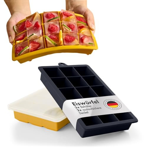 Blumtal Eiswürfelformen Silikon 2x15er - Mit Deckel für 3,3 cm Eiswürfel - 2 Große Eiswürfelbehälter - BPA-Frei - Black Blue und Spicy Mustard
