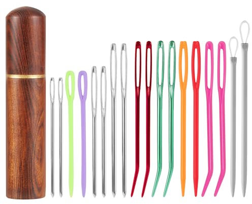 19stk Nähnadel-Set, Sticknadeln mit Großem Öhr aus Stahl und Kunststoff Gerade und Gebogene Gobelinnadeln Handwebnadeln mit Holzetui zum Stricken Häkeln Projekte