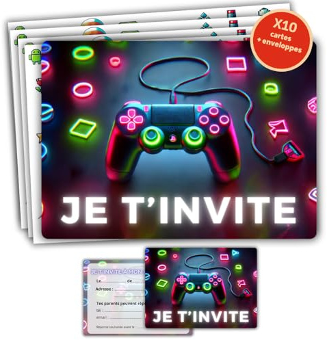 roxisha - Lot de 10 Cartes Invitation Anniversaire Thème Gamer + Enveloppes - Garçon et Ado - Carte Postale 10,4 x 14,8 cm - Préremplies en Français - Idéal pour Fête et Goûter d'Anniversaire
