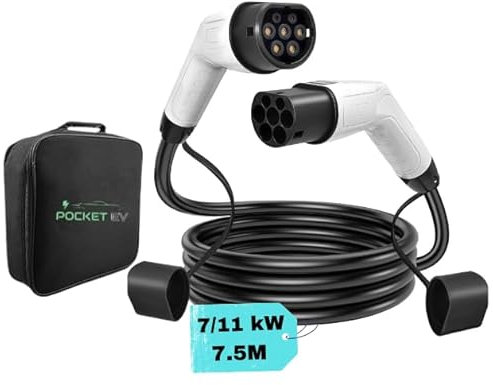 PocketEV - Type 2 EV Charging Cable - 16A - 7kW and 11kW - 3 Phase - 7.5 Meter - Type 2 to Type 2 EV Charging Cable - Facilitates Fast Charging for Electric Vehicles 330e, i3, Kuga, Ioniq, ZS & More