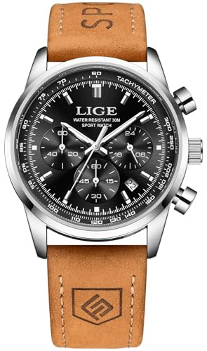 LIGE Uhr Herren Chronograph Edelstahl Wasserdicht Analog Quarz Männer Uhren Braun Lederarmban Herren Armbanduhren Mit Datum Leuchtende Business Casual Retro Sport Men's Watches,Silber Schwarz