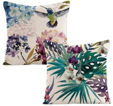 MSLSOZ Lot de 2 housses de coussin décoratives, 40 x 40 cm, motif tropical, oiseau et fleurs, avec fermeture cachée, en lin