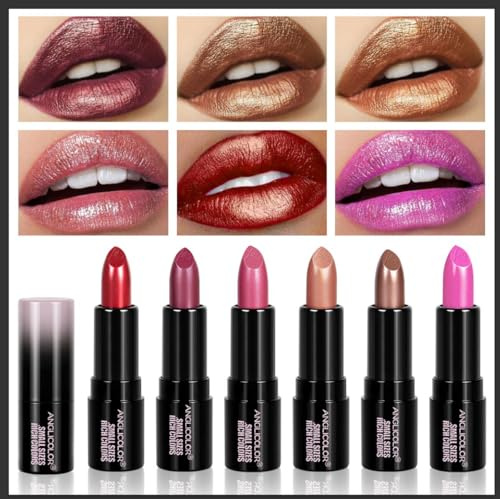Lipsticks For Women Long Lasting Moisturising, Mini Metallic Glitter Lipstick, Smooth and Non-Sticky Waterproof Mini Lip Makeup Set,Vegan & Cruelty-Free (6 Color, 1.8g)