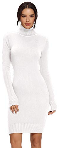 Avacoo - Vestido de punto para mujer, con cuello alto, manga larga, túnica Midi, cintura alta, invierno, blanco crema, 42