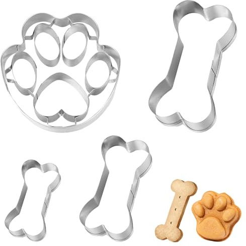 4 Stück Ausstechformen Keksausstecher Set mit Knochen und Pfote aus Hochwertigem Edelstahl, Brotausstecher für Kinder, Ideal für Hundegeburtstag Hunde-Kekse, Leckerlis, Plätzchen, Backen und Basteln
