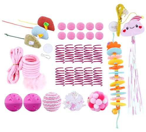 Artmitz Set di giocattoli interattivi per gatti – Set di 31 giocattoli per gatti con teaser da appendere alla porta, campana, palline pelose, molle, bastone per dentizione e topo erba gatta
