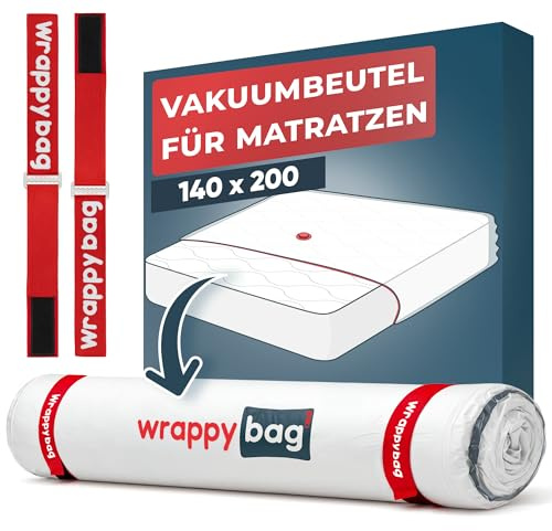 Wrappybag – Vakuumpåse för Madrass vid Flytt 140 x 200 cm – Komplett Set Vattentätt Vakuumskydd för Madrass med Clips & Kardborreband – Kompatibel med Alla Storlekar och Dammsugare