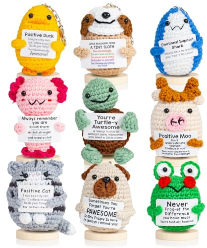 Twiddler Toys 9pcs Positive Crochet Animals â Emotional Support Crochet Stuffed Animals with Positive Messages â Cute Novelty Gift Set Includes Keychains and Stands