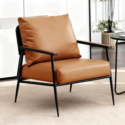 VTELGT Polstersessel, Kunstleder Sofa mit Massivholz Armlehnen, Loungesessel für Wohnzimmer mit Metallrahmen, Einzelsofa für Wohnzimmer, Empfangsraum, Heimkino, Schlafzimmer,Braun