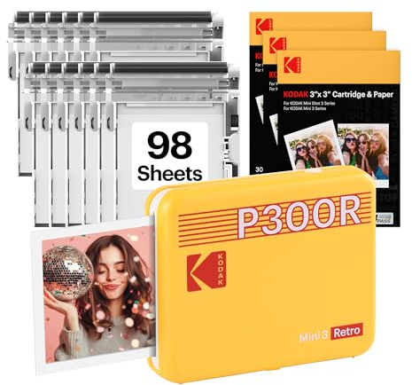 KODAK Mini 3 Retro 3x3'' Portable Photo Printer, 98 Sheets, Bluetooth Smartphone Printer for iOS & Android, Instant Color Prints, 4PASS Dye Sublimation, White