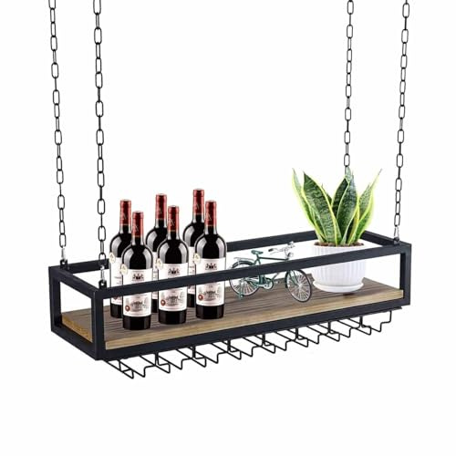 Takhängande vinglashållare - Takhylla, med 100 cm järnkedja för vin, multifunktionellt hängande vinglasställ, förvaringsställ i smidesjärn i massivt trä (160 x 25 x 100 cm)