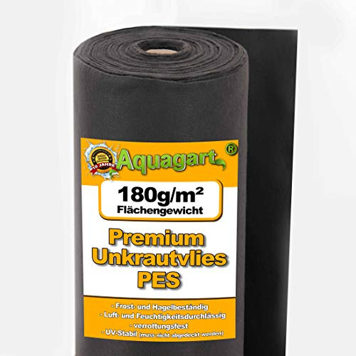 Aquagart Ogräsfolie svart – 180 g I ogrässkyddsfolie för trädgård och rabatt I markväv och ogrässpärr I vattenpermeabel ogräsfolie och robust skyddande fleece 25 m lång – 2 m bred