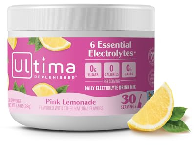 Ultima Replenisher Daily Electrolyte Powder Drink Mix – Pink Lemonade, 30 Servings Canister – Zero Sugar Hydration Powder with 6 Electrolytes & Minerals – Sugar Free, Plant-Based & Keto Friendly