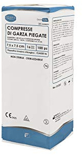 DEALFA Compresse di Garza Piegate - 7,5x7,5 cm - 16 Strati - 100% Puro Cotone - per Medicazione, Cura e Pulizia Ferite - Morbide e Traspiranti - Monouso - Confezione da 100 Pezzi
