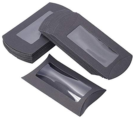 BENECREAT 30PCS Scatole di Carta kraft Nero a Forma di Cuscino 10.5x7x2cm con Finestra Trasparente Scatola di Imballaggio per Caramelle, Confezione Regalo