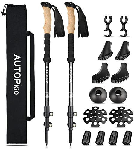 AUTOPkio Bastones de Senderismo, Telescópicos Ultraligeros Aluminio Bastones Marcha Nordica, Bastones Trekking con Sistema Bloqueo Rápido para Camping, Montañismo, Mochilero, Caminar (Negro)