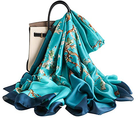 LumiSyne Seidenschal Damen Blume Gedruckt Muster Mode Eleganten Stil Weicher Hautfreundlicher Warmer Seidentuch Lange Halstücher Sonnencreme Stola All Season