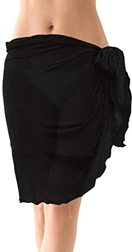Pareo de Playa Mujer, Traje de Baño de Gasa Falda, Bikini Cubrir Chal, Vestido Envolvente Corto Pareo, Bañador Sarongs para Mujeres Vacaciones Piscina Verano Playa, 156x50cm (Negro)