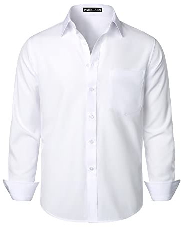 PARKLEES Men's Regular Fit Dress Shirt Solid Wrinkle-Free Long Sleeve Casual Business Button Up Shirts with Pocket PZSSCL05-White L