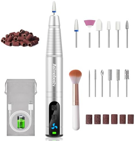 Asimebesty Torno para Uñas Profesional, 12 en 1 Drill para Uñas Profesional, Lima Eléctrica Uñas USB con Brocas de Cerámica, Velocidad Ajustable, Kit de Manicura y Pedicura Electrico para Salón DIY