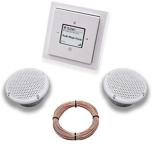 Busch Jäger iNet Internet Unterputz Radio 8216U Future Linear Studioweiß, Komplett-Set mit 2 x Decken Feuchtraumlautsprecher/Badezimmer + 20 m Lautsprecherkabel 2x0,75 mm2 8216U
