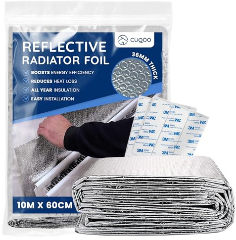 CUQOO Radiator Foil Reflector Roll 10m x 60cm | Thermal Insulation Foil | ENERGY-SAVING BUBBLE FOIL: 3-layer radiator backing · easy cut-to-fit installation · adhesive pads included · heat reflective