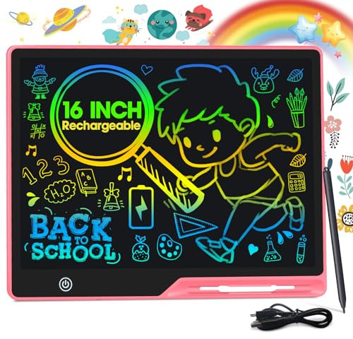 POPERFUN 16 Inch LCD Writing Tablet for Kids, Rechargeable Erasable Doodle Board Colorful Toddler Drawing Pad, Preschool Learning Toys Christmas Birthday Gift 3 4 5 6 7 Year Old Girls (Light Pink)