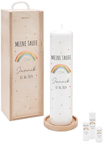 Bärenfreunde® - Personalisierte Taufkerze mit Spezial-Druck (M, L, XL) - ohne Ruß-Bildung - mit Holzkiste oder Untersetzer - Taufe Geschenk, Geschenk zur Geburt (XL Kerze)