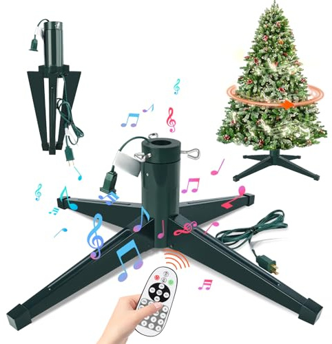 Support de sapin de Noël musical rotatif réglable avec télécommande, musique, vitesse et lumière, support pour sapin de Noël artificiel jusqu'à 2,4 m, 45,4 kg