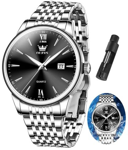 OLEVS Silber Armbanduhr Herren Metallarmband mit Datum Mode Analog Kleid Uhr für Herren Edelstahl Leuchtend Wasserdicht Herrenuhren Schwarz Zifferblatt Lässiger Quarz Uhren Geschenke für Männer