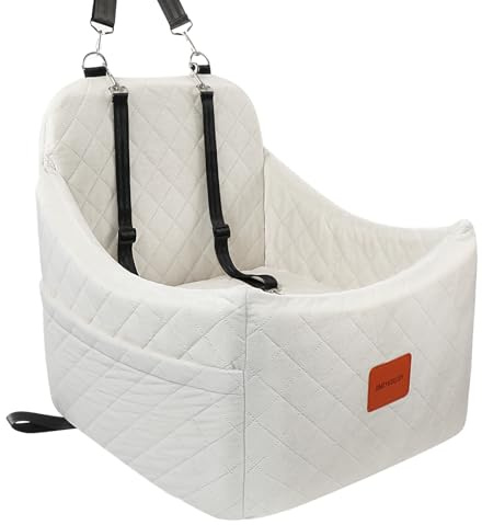 INDYBUD Seggiolino auto per cani fino a 15,9 kg, di taglia piccola e media, con cinghie regolabili e fondo antiscivolo, completamente rimovibile e lavabile, con 2 tasche portaoggetti (beige, medio)