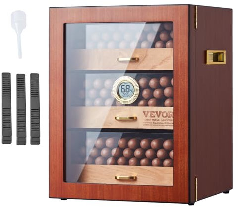 VEVOR Humidor-Schrank für Zigarren, Handgefertigter Humidor aus Spanischem Zedernholz für 100–150 Zigarren, Glas-Zigarren-Aufbewahrungsbox für den Schreibtisch mit Digitalem Luftbefeuchter